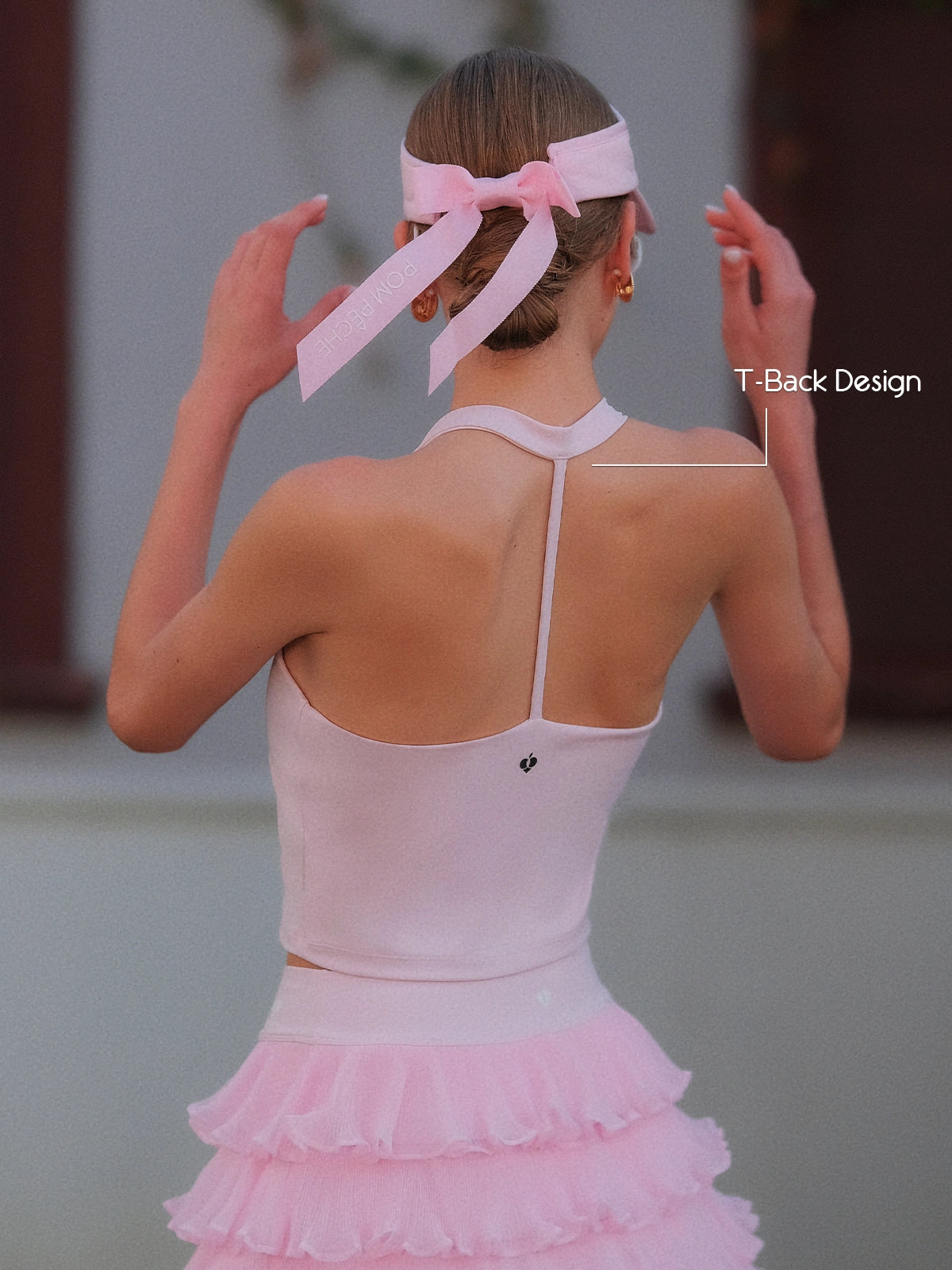 Pink Bow Halter Tennis Top T-back open-back design detail, halter neckline with flattering T-strap for breathable court wear