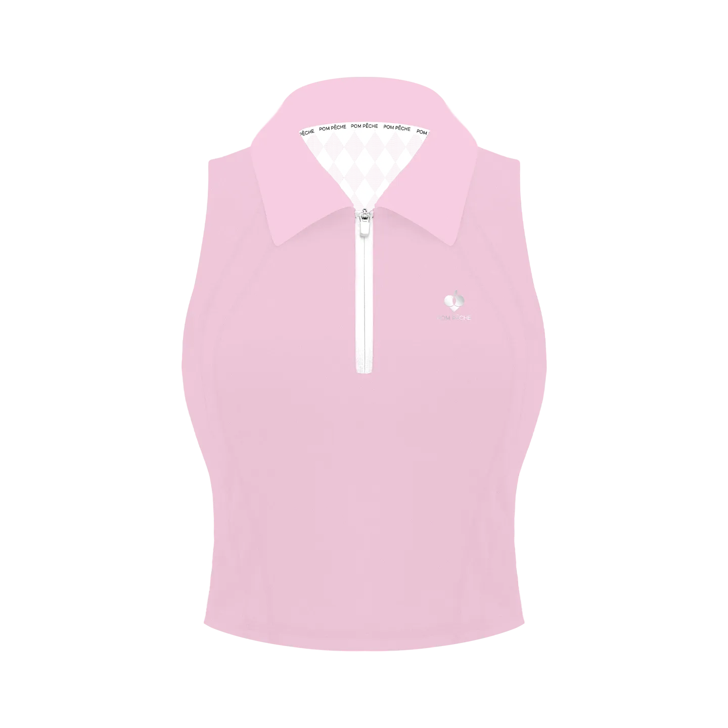 Poise™ pink half-zip polo on white background, front view showing cropped length, defined shoulder, and semi-zipped collar.