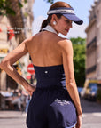 Elegant French Style Open-Back Detail – Poise™ Polo Tennis Top Navy, Women's Halter Activewear for Court & Everyday
