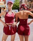 Poise™ Open-Back Polo Tennis Top in Red – Women's Halter Cropped Activewear Top for Court & Street Style, Pom Pêche Sports Club Paris