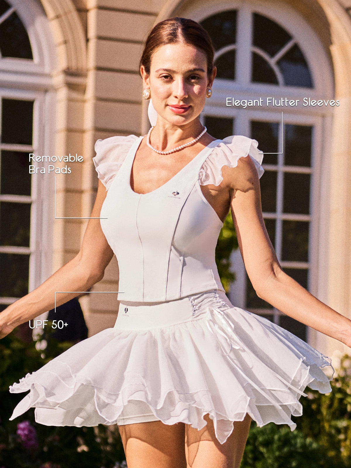 Women's Tennis Tank with Elegant Flutter Sleeves, Removable Bra Pads & UPF 50+ – Poise™ Petal V-Neck Tank White, Pom Pêche