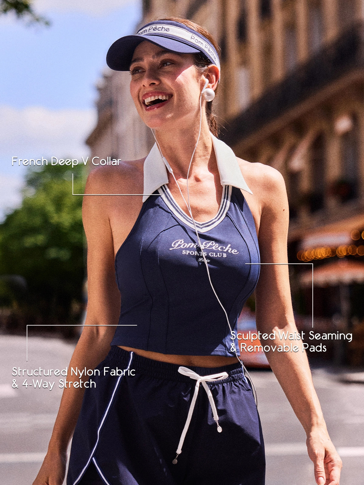 Women's Tennis Top with French Deep V Collar, Sculpted Waist Seaming & 4-Way Stretch Nylon – Poise™ Open-Back Polo Top Navy