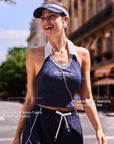 Women's Tennis Top with French Deep V Collar, Sculpted Waist Seaming & 4-Way Stretch Nylon – Poise™ Open-Back Polo Top Navy