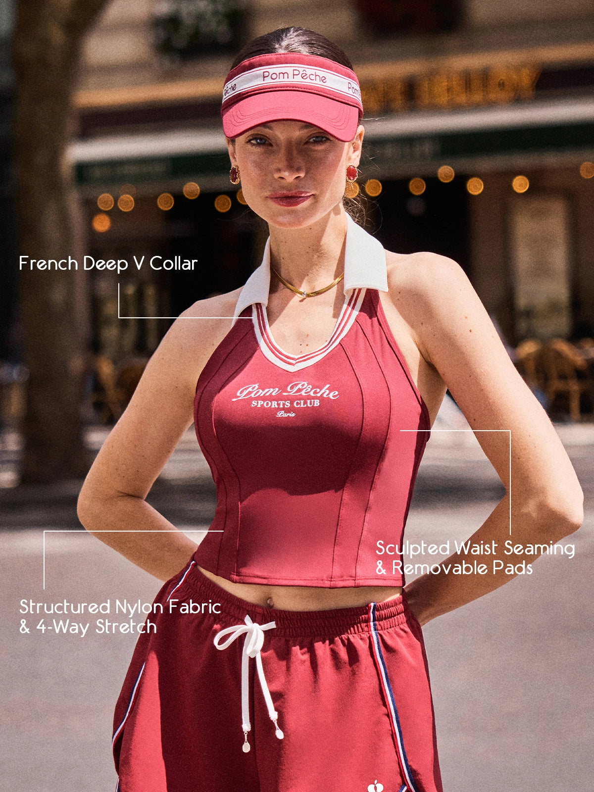 Women's Tennis Top with French Deep V Collar, Sculpted Waist Seaming & Removable Pads – Poise™ Open-Back Polo Top Red, Structured Nylon 4-Way Stretch