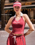 Women's Tennis Top with French Deep V Collar, Sculpted Waist Seaming & Removable Pads – Poise™ Open-Back Polo Top Red, Structured Nylon 4-Way Stretch