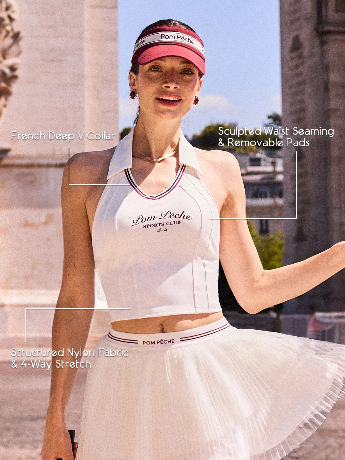Women's Tennis Top with French Deep V Collar, Sculpted Waist Seaming & Removable Pads – Poise™ Open-Back Polo Top White, Structured Nylon 4-Way Stretch