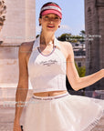 Women's Tennis Top with French Deep V Collar, Sculpted Waist Seaming & Removable Pads – Poise™ Open-Back Polo Top White, Structured Nylon 4-Way Stretch
