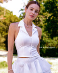 Poise Rose Halter Polo Tank White detail, featuring built-in removable padded bra for comfortable support, secure coverage, and effortless movement