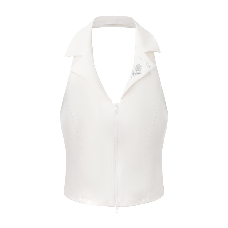 Poise Rose Halter Polo Tank White flat lay view, showcasing polo collar, rose embroidery, open-back design, zipper detail, and refined construction