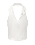 Poise Rose Halter Polo Tank White flat lay view, showcasing polo collar, rose embroidery, open-back design, zipper detail, and refined construction