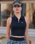 Polo tennis top detail featuring built-in removable padded bra, providing comfortable support without the need for an additional sports br