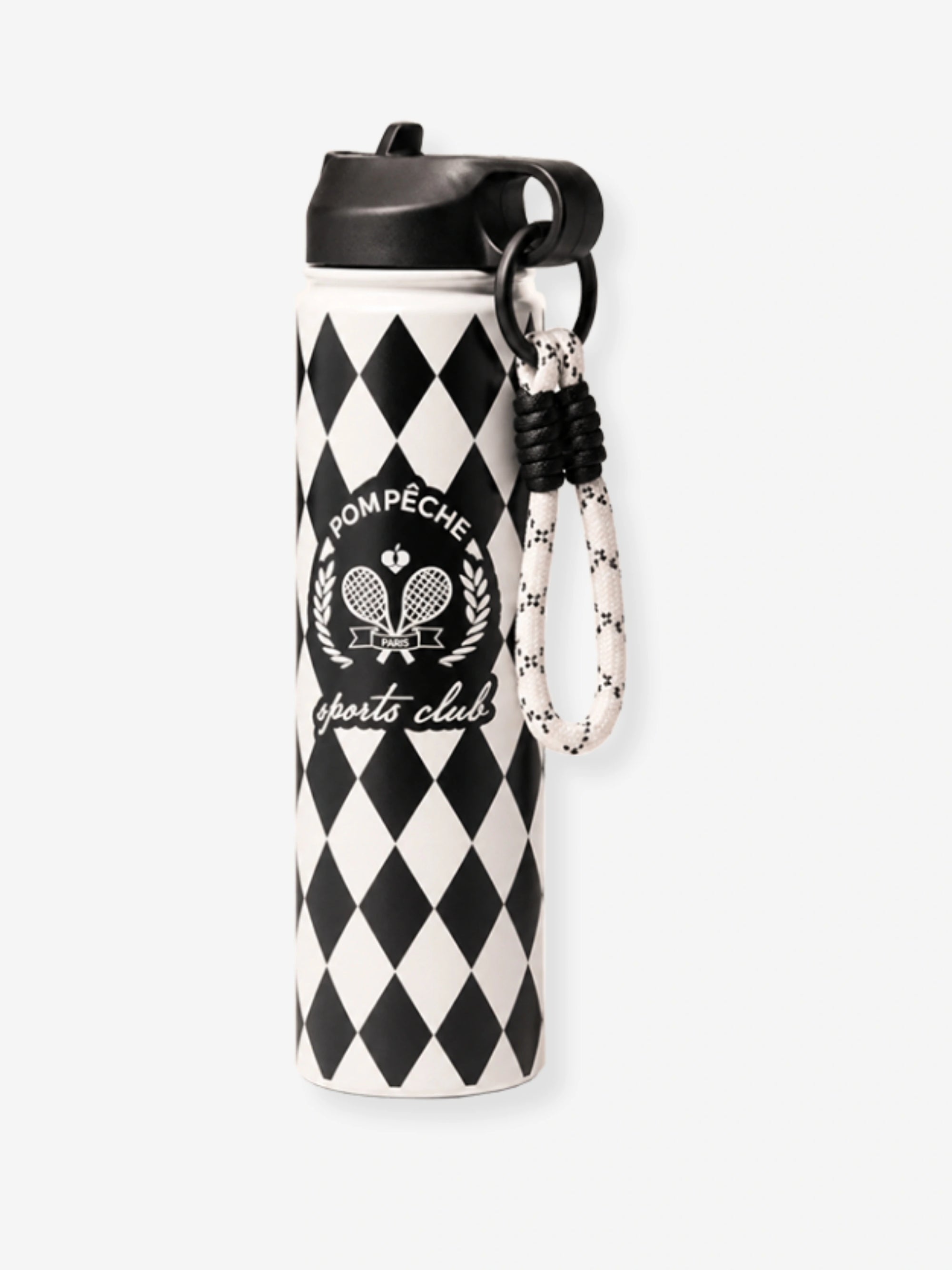 Pom Pêche 750ml Insulated Tumbler with Straw Lid in black and white – harlequin diamond print stainless steel body with Pom Pêche Sports Club Paris circular crest badge, black straw lid and black-and-white braided carry strap on white background