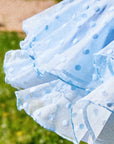 Macro detail of Pom Pêche x Betty Boop Paris blue Cake Skirt showing double-layer lightweight polka dot mesh with 3D raised dot texture and scalloped ruffle edges – ultra-light cool-touch LYCRA® 4-way stretch fabric