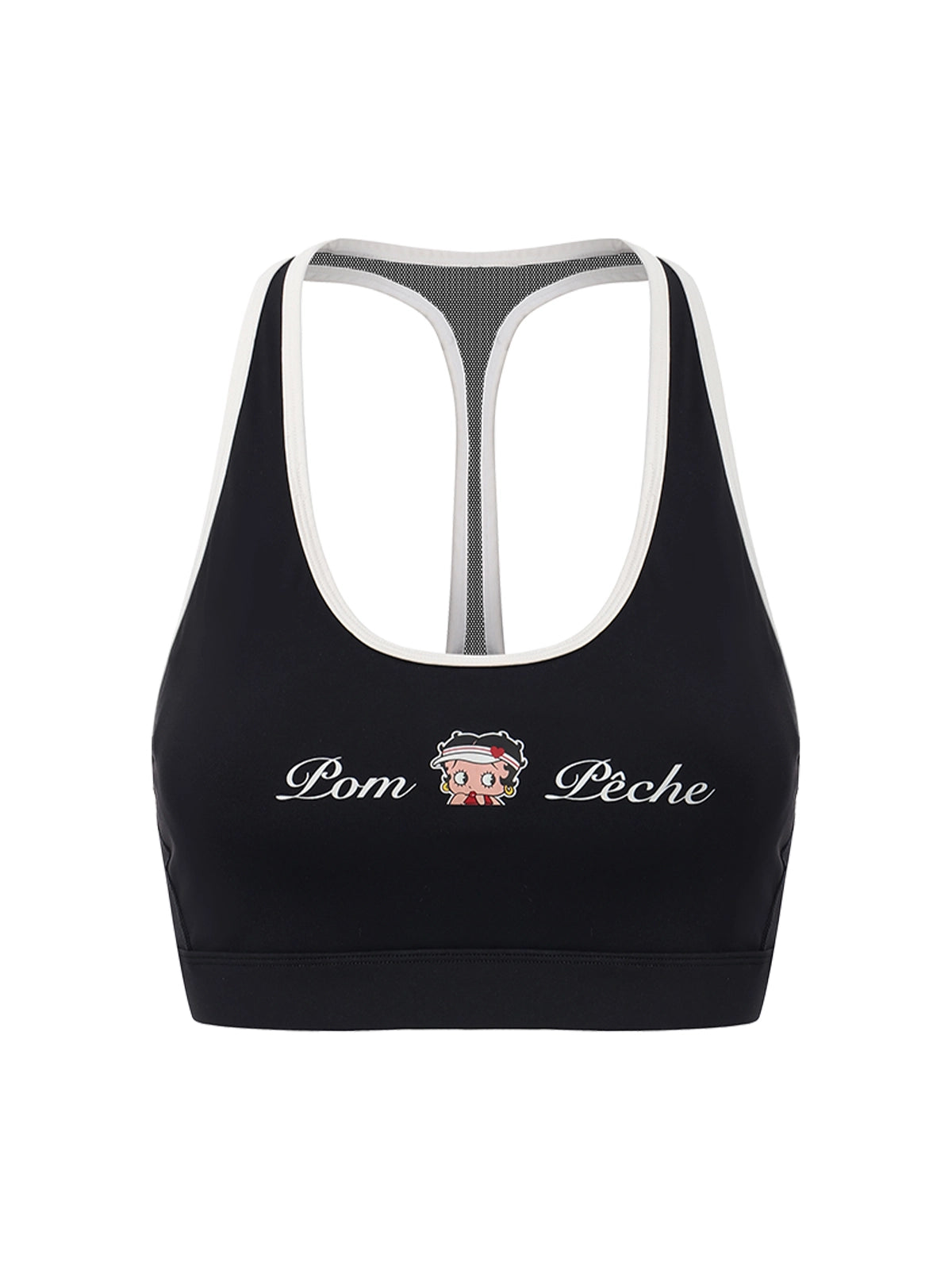 Flat lay of Pom Pêche x Betty Boop Mesh Back Tank Top in black – scoop neckline, Betty Boop collab logo, white contrast trim and mesh racerback on white background