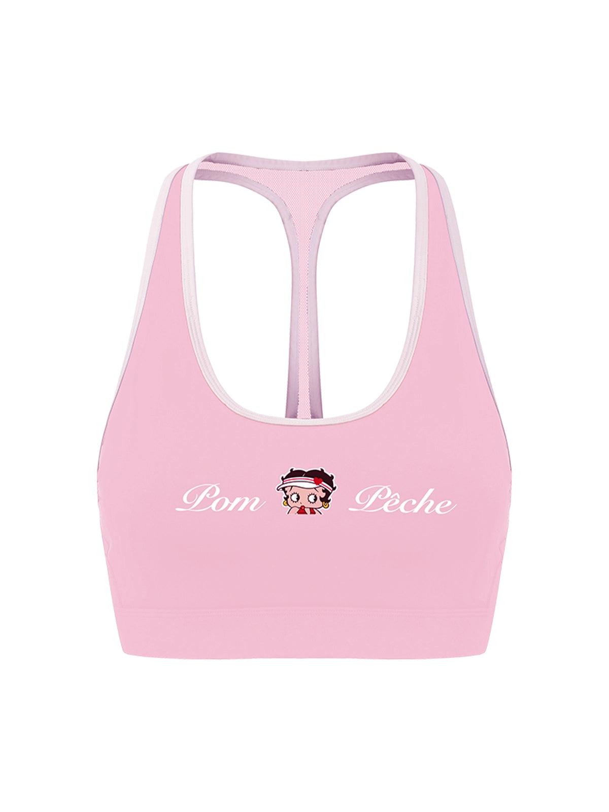 Flat lay of Pom Pêche x Betty Boop Mesh Back Tank Top in pink – scoop neckline, Betty Boop collab logo with Pom Pêche script, white contrast trim and open racerback on white background