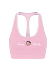 Flat lay of Pom Pêche x Betty Boop Mesh Back Tank Top in pink – scoop neckline, Betty Boop collab logo with Pom Pêche script, white contrast trim and open racerback on white background