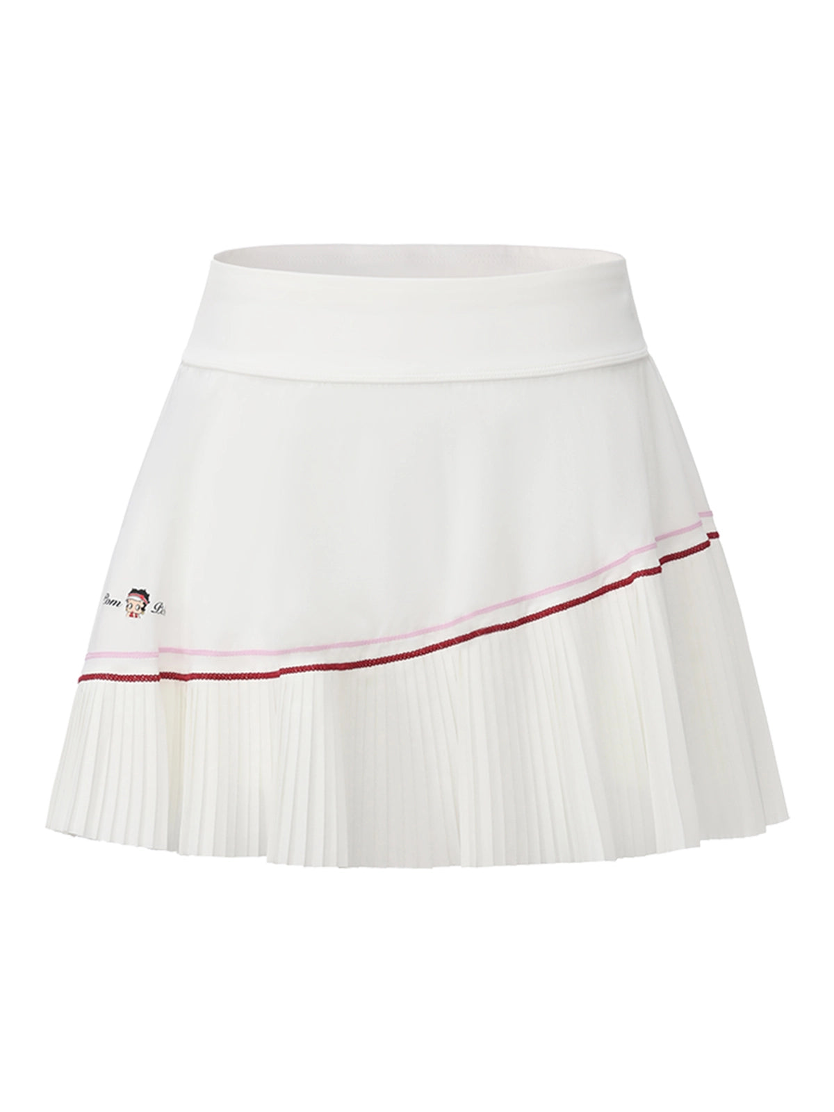 Flat lay of Pom Pêche x Betty Boop Pleated Panel Skirt in white – wide no-roll high waistband, asymmetric pleated panel with pink and burgundy contrast double piping and Betty Boop Pom Pêche embroidery on white background