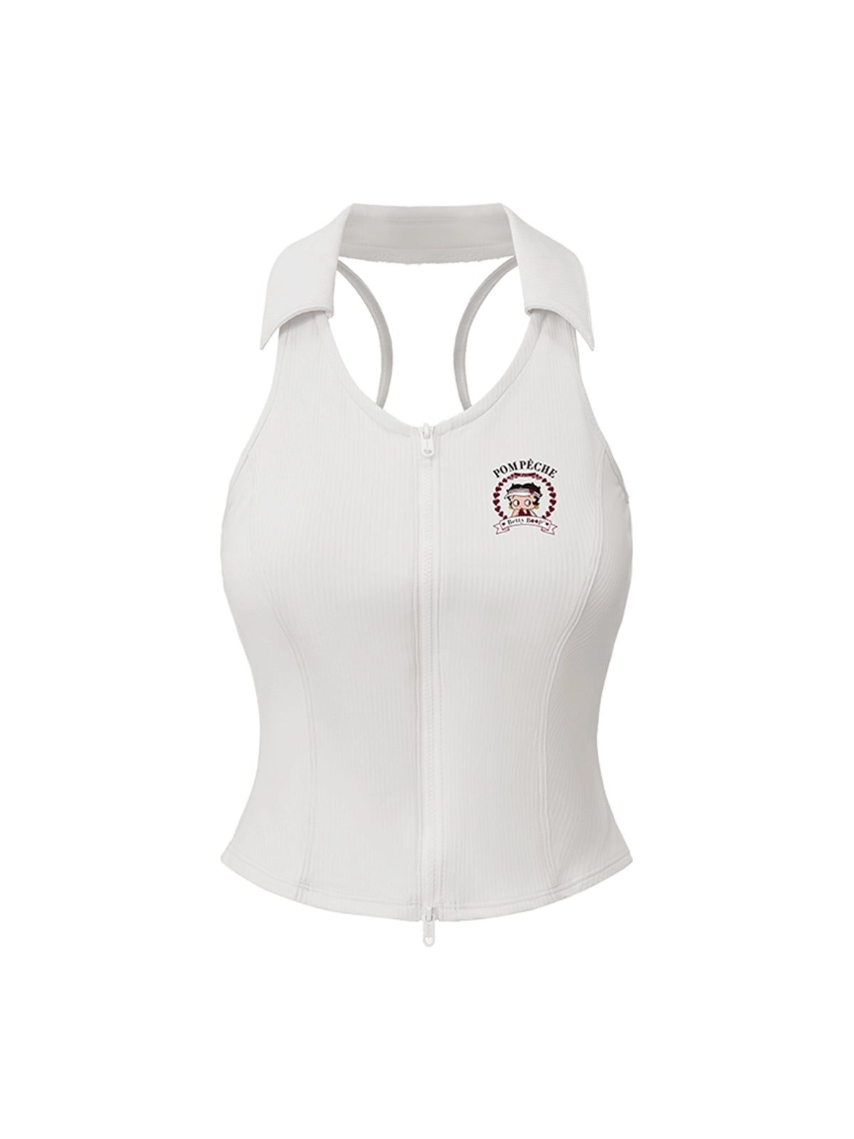 Flat lay of Pom Pêche x Betty Boop Poise™ Polo Tank in white – polo collar, vertical Pom FlexRib™ ribbed texture with Betty Boop Pom Pêche circular badge, full-length front zip and racerback silhouette on white background