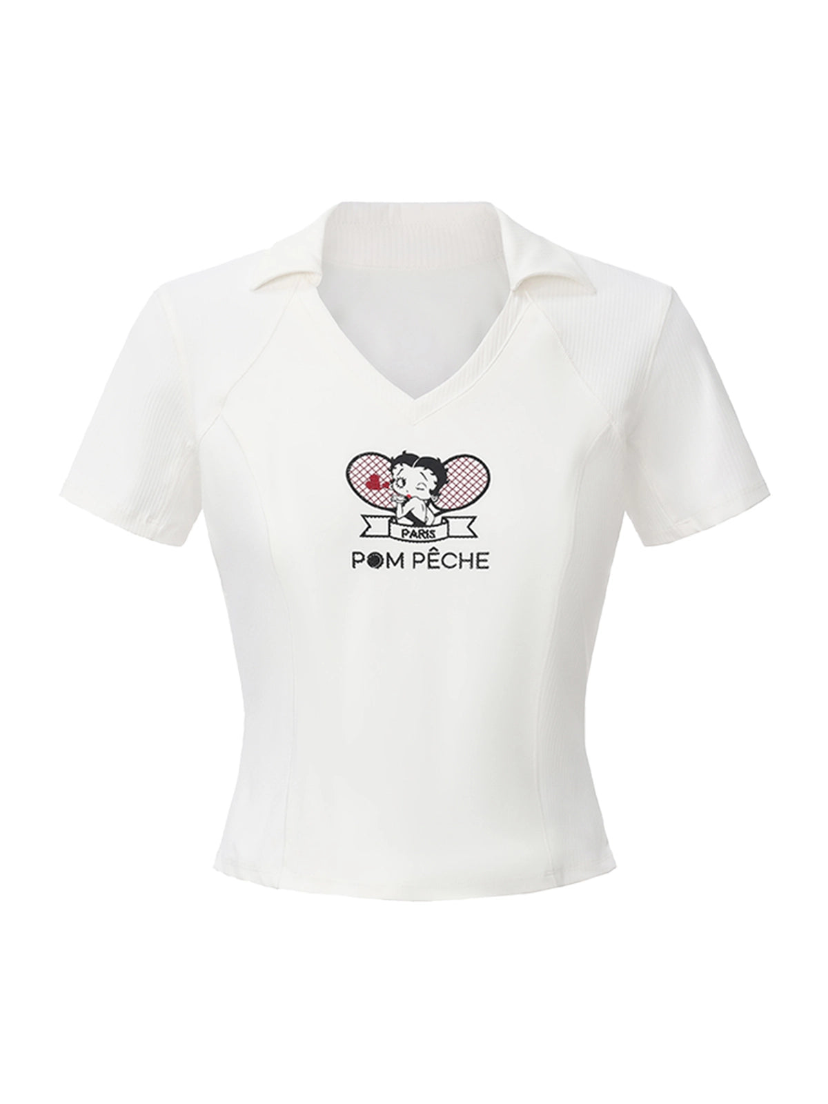 Flat lay of Pom Pêche x Betty Boop Tennis Tee in white – V-neck polo collar, Betty Boop Paris twin-racket graphic with Pom Pêche script, slim-fit short sleeve silhouette with curved hem on white background