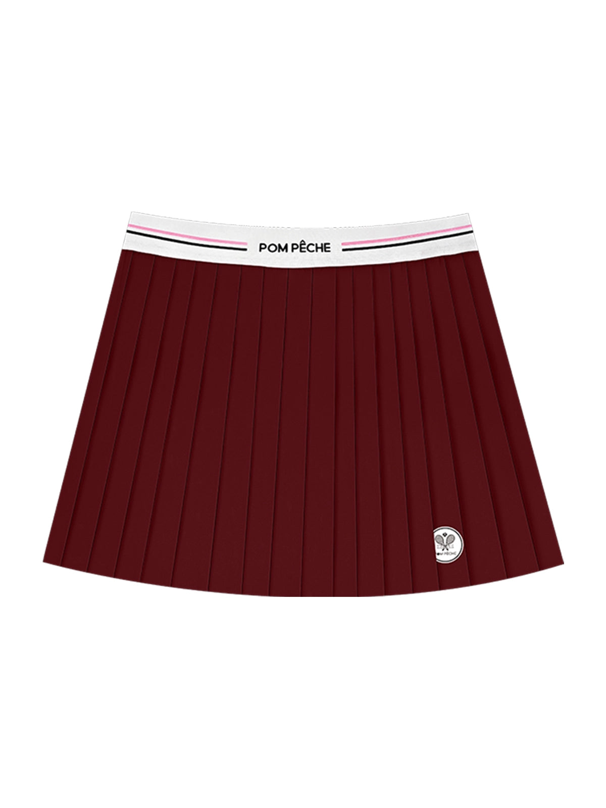 Flat lay of Pom Pêche Classic Pleated Tennis Skirt in wine red – wide white Pom Pêche logo waistband with pink and black stripe, fine knife pleats and Pom Pêche racket badge emblem on white background