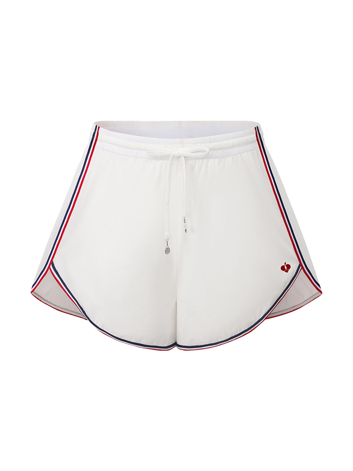 Flat lay of Pom Pêche High-Slit Contrast Active Shorts in white – elastic drawstring waist, red and navy contrast piping, high side slits and embroidered logo detail