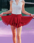 Pom Pêche wine red Petal Tiered Skirt feature callout – High-Waisted Flattering Silhouette and Layered Petal Chiffon Hem annotated, model holding out three-tier chiffon skirt showing full A-line silhouette on purple clay court
