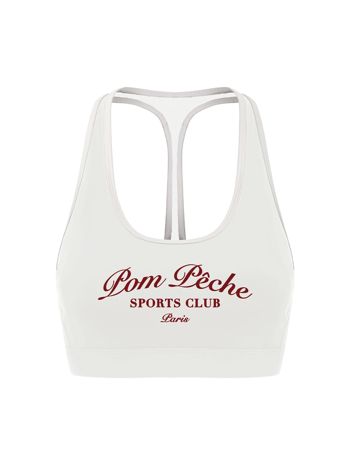 Flat lay back view of Pom Pêche Poise™ Mesh Back Tank in white – Y-shaped sheer mesh racerback panel with dual straps, Deep U neckline and Pom Pêche Sports Club Paris burgundy script print on white background
