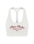 Flat lay back view of Pom Pêche Poise™ Mesh Back Tank in white – Y-shaped sheer mesh racerback panel with dual straps, Deep U neckline and Pom Pêche Sports Club Paris burgundy script print on white background