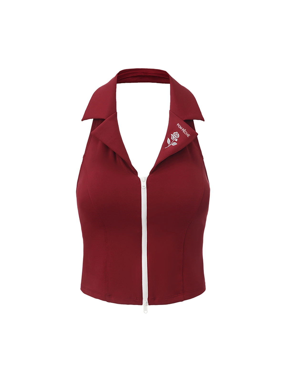 Flat lay of Pom Pêche Poise™ Rose Halter Polo Tank in Paris red – structured polo collar with Pom Pêche rose embroidery, full-length white dual-zipper and open halter back on white background