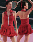 Pom Pêche Poise™ Rose Halter Polo Tank in Paris red – front and back view showing polo collar with rose embroidery, dual-zipper front and open-back halter silhouette with heart detail, styled with matching wine red Rose Ruffle Skirt on pink clay court