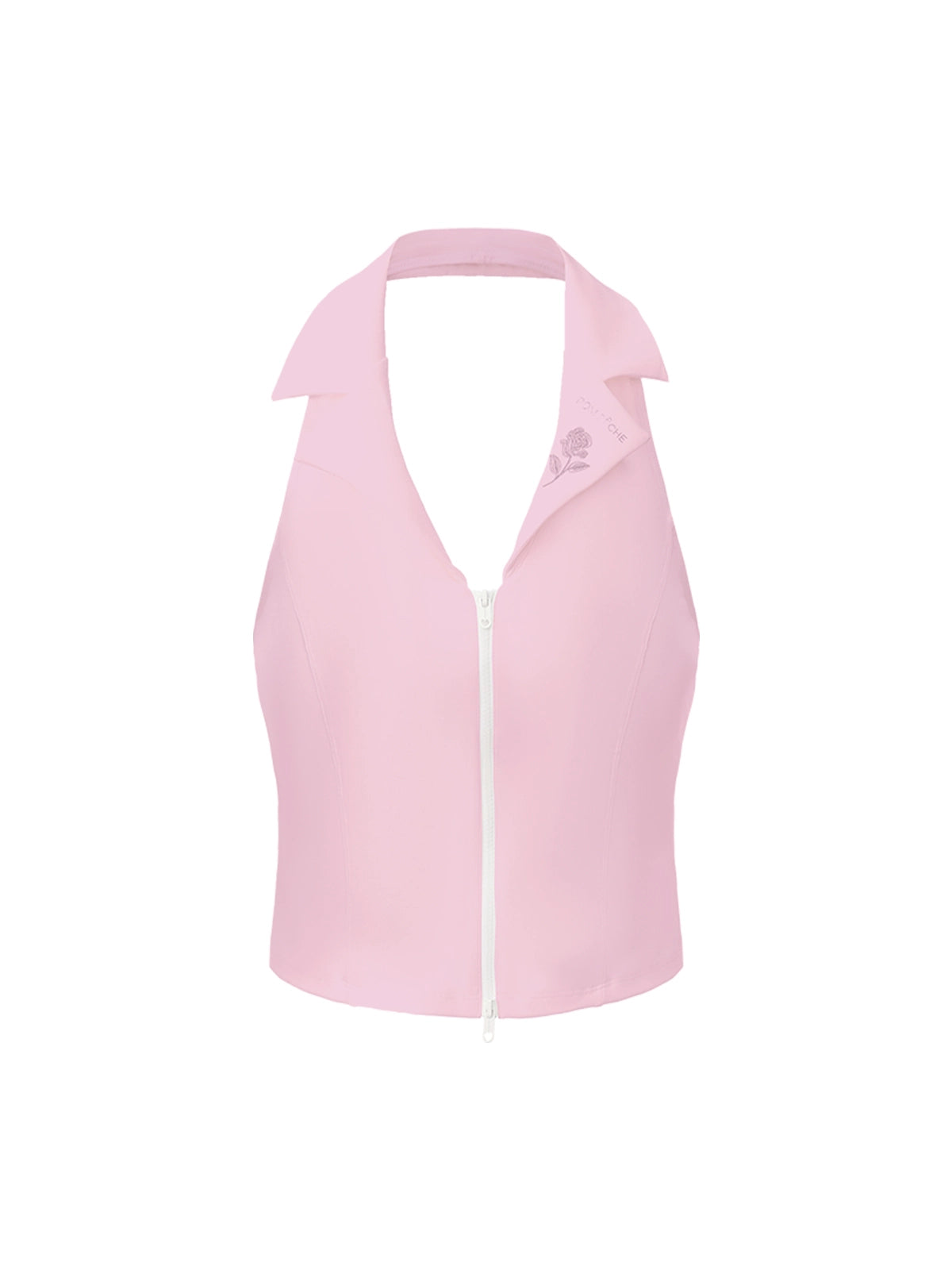 Flat lay product shot of Pom Pêche Poise Rose Halter Polo Tank in blush pink – polo collar, deep V neckline, two-way zipper and open-back halter design on white background