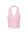 Flat lay product shot of Pom Pêche Poise Rose Halter Polo Tank in blush pink – polo collar, deep V neckline, two-way zipper and open-back halter design on white background