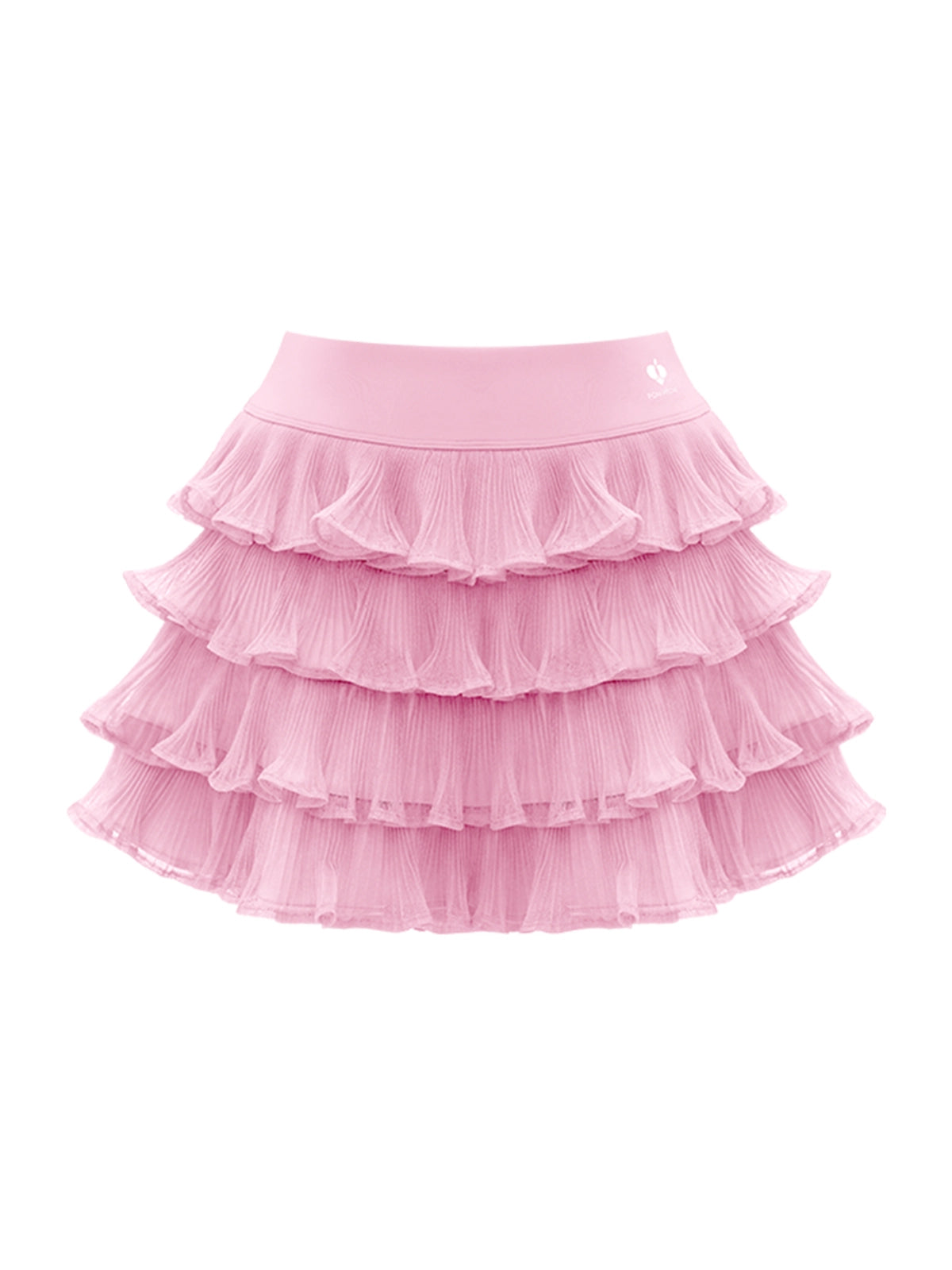 Flat lay of Pom Pêche Ruffle Cake Skirt in blush pink – structured high waistband with Pom Pêche logo, five graduated tulle ruffle tiers creating full A-line cake skirt silhouette