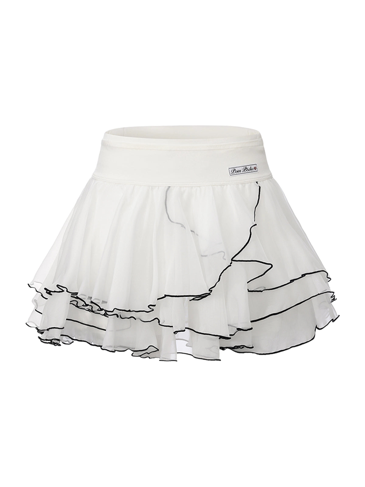 Flat lay of Pom Pêche Spin™ Chiffon Layered Running Skirt in white – high-waisted design, triple-layer petal ruffle hem with black contrast piping and Pom Pêche woven label