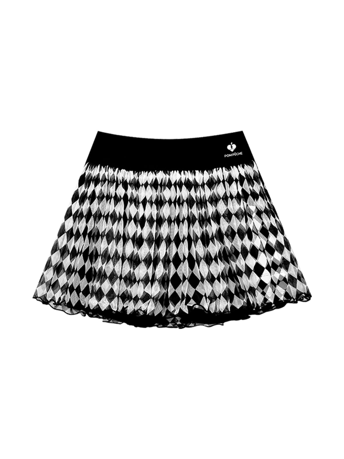 Flat lay of Pom Pêche Spin™ Diamond Mesh Skirt in black – wide black high waistband with Pom Pêche crown logo, voluminous black and white harlequin diamond print high-density mesh tulle skirt on white background