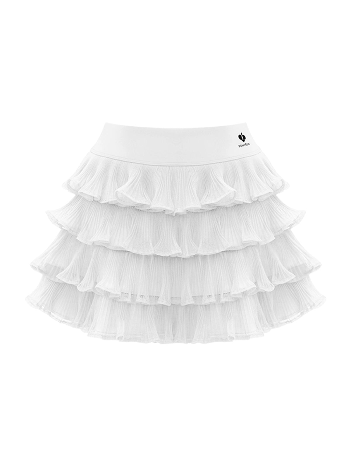 Flat lay of Pom Pêche Spin™ Mille Tiered Skirt in white – structured high waistband with Pom Pêche logo, four graduated tulle ruffle layers creating full A-line silhouette on white background