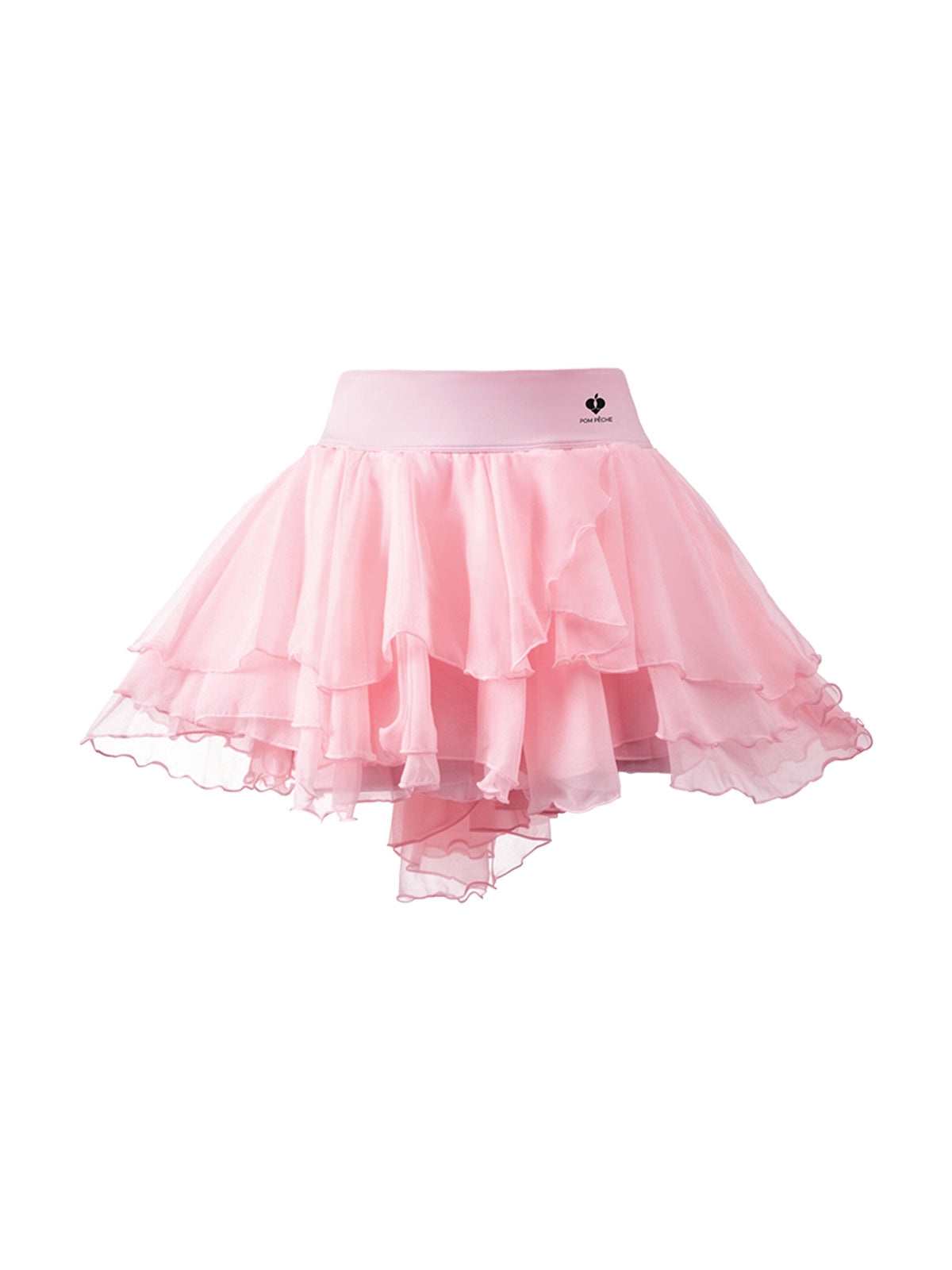 Flat lay of Pom Pêche Spin™ Petal Tiered Tennis Skirt in light pink – high-waisted band with Pom Pêche crown logo, three-tier asymmetric petal chiffon hem on white background