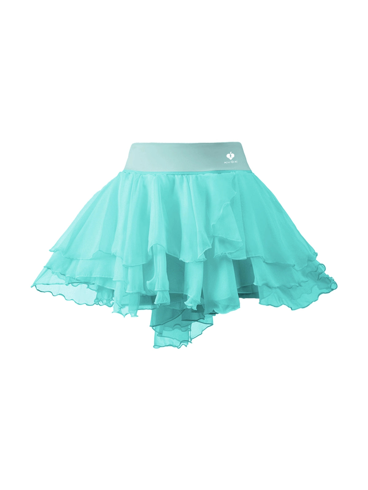 Flat lay of Pom Pêche Spin™ Petal Tiered Tennis Skirt in mint green – wide high waistband with Pom Pêche crown logo, three graduated asymmetric featherlight chiffon petal layers on white background