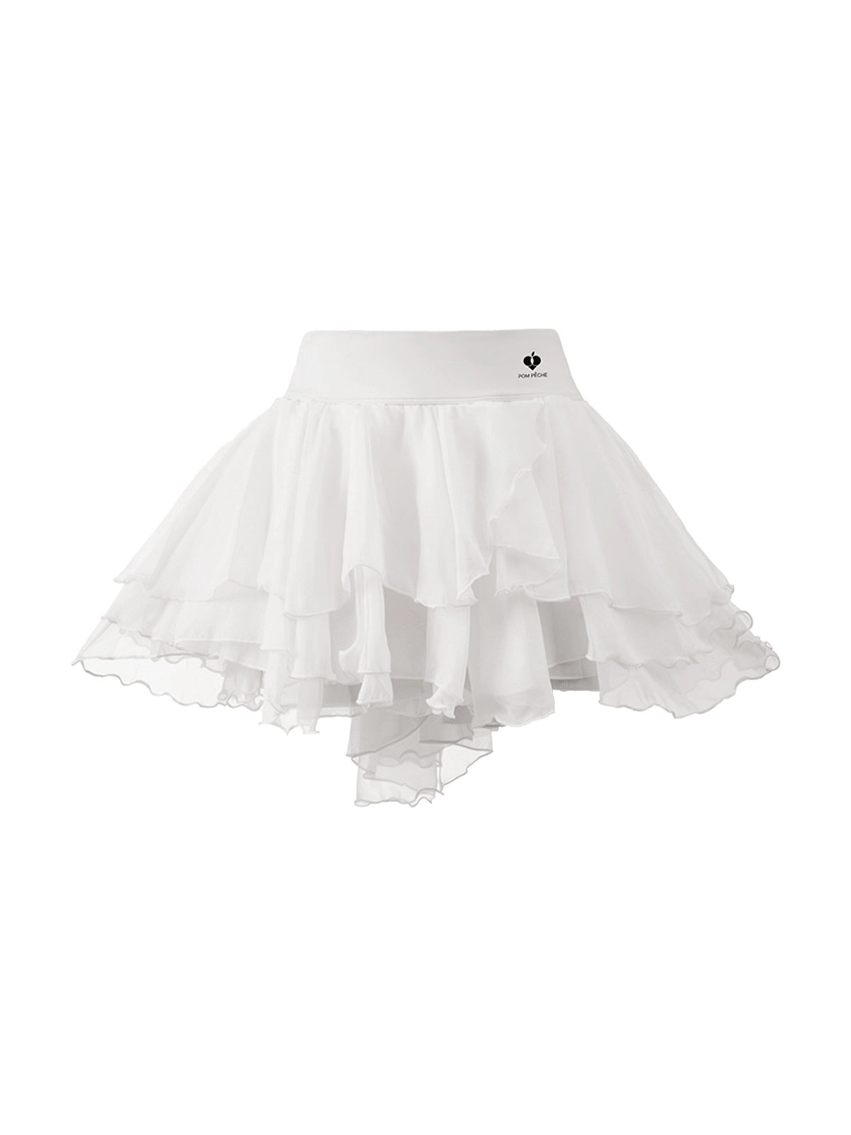 Flat lay of Pom Pêche Spin™ Petal Tiered Tennis Skirt in white – high-waisted band with Pom Pêche logo, three-tier asymmetric petal chiffon hem on white background