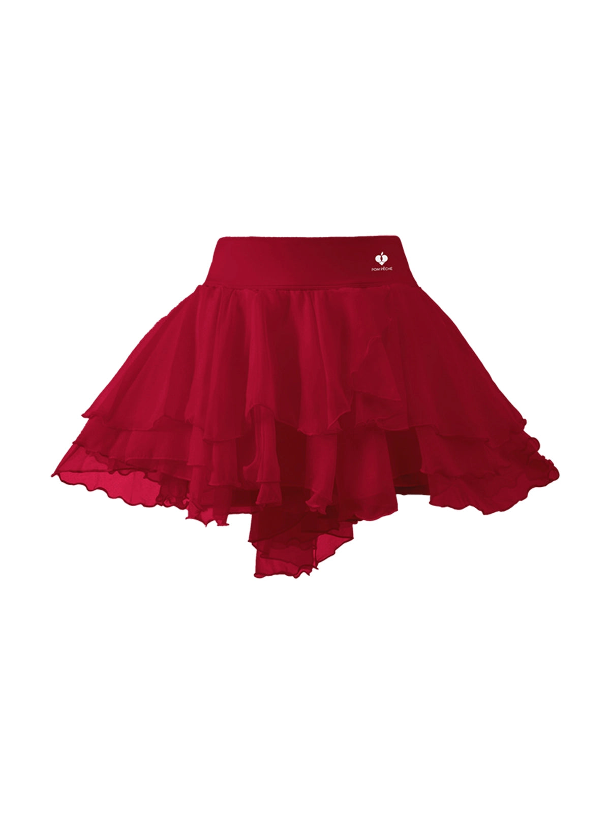 Flat lay of Pom Pêche Spin™ Petal Tiered Tennis Skirt in wine red – wide high waistband with Pom Pêche crown logo, three graduated asymmetric featherlight chiffon petal layers on white background
