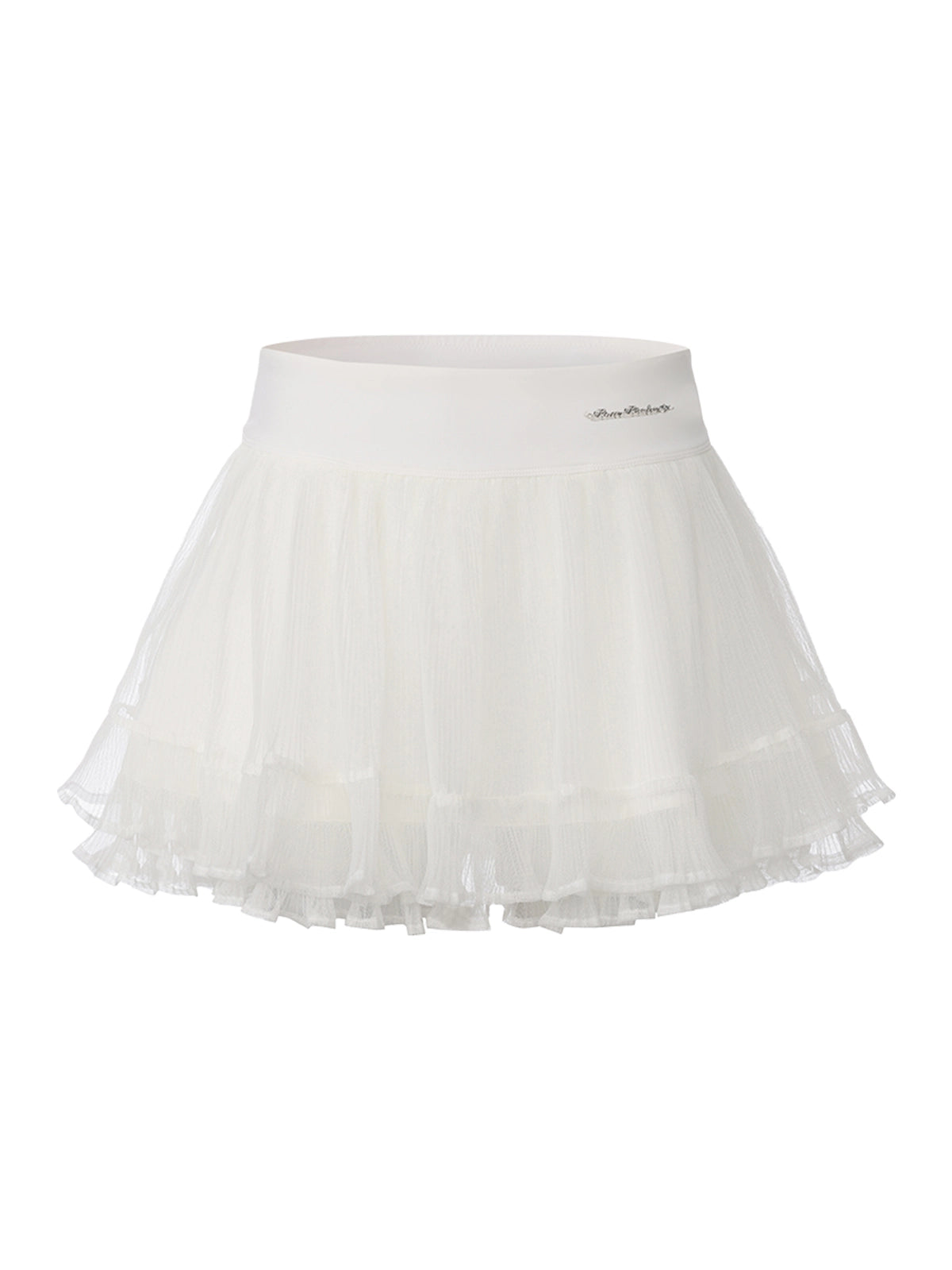 Flat lay of Pom Pêche Spin™ Rose Ruffle Skirt in tennis white – wide high waistband with silver Pom Pêche script logo, three-tier graduated pleated mesh ruffle layers creating full A-line silhouette on white background