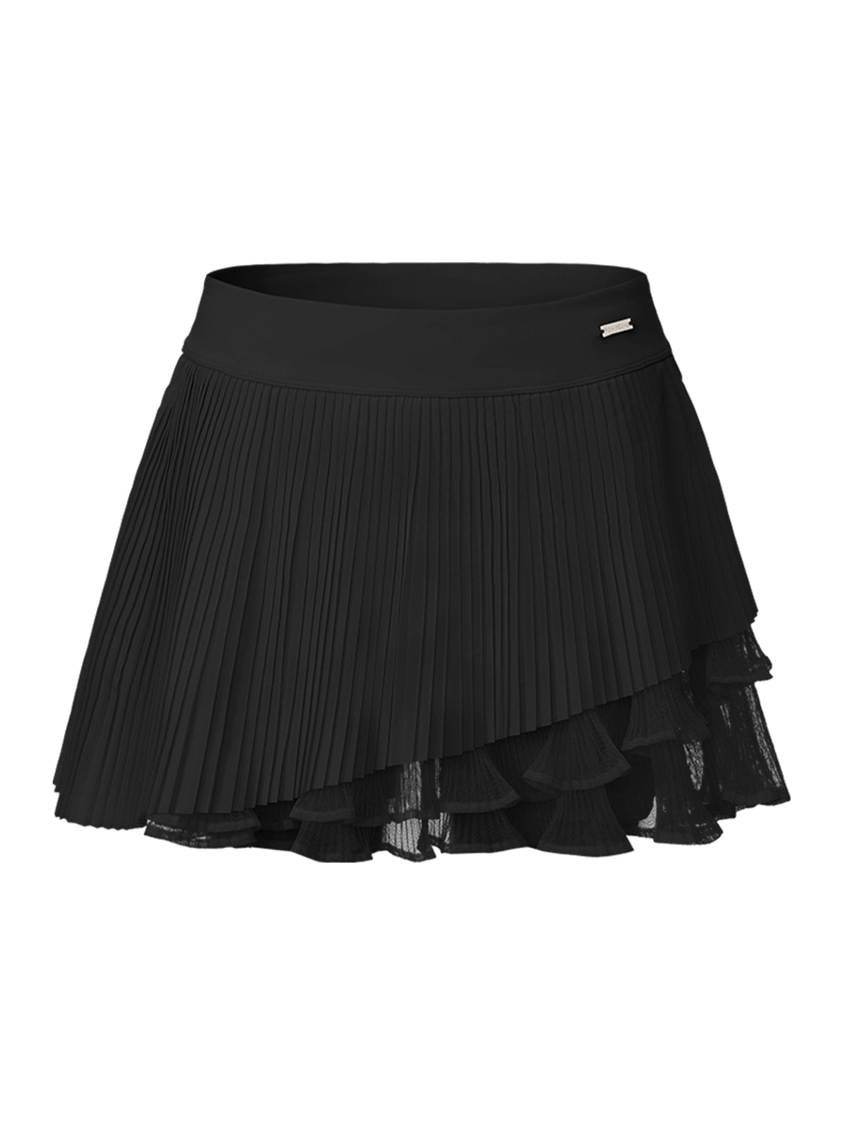 Flat lay of Pom Pêche Spin™ Waltz Layered Tennis Skirt in black – high-waisted band with metallic Pom Pêche logo, fine pleated outer layer and double-tier asymmetric mesh ruffle hem