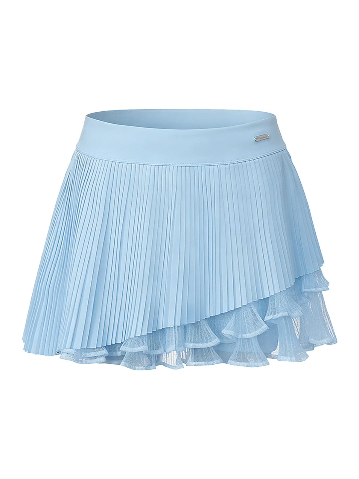 Flat lay of Pom Pêche Spin™ Waltz Layered Tennis Skirt in sky blue – high-waisted band with silver Pom Pêche logo, fine pleated outer layer and asymmetric double-tier white mesh ruffle hem on white background