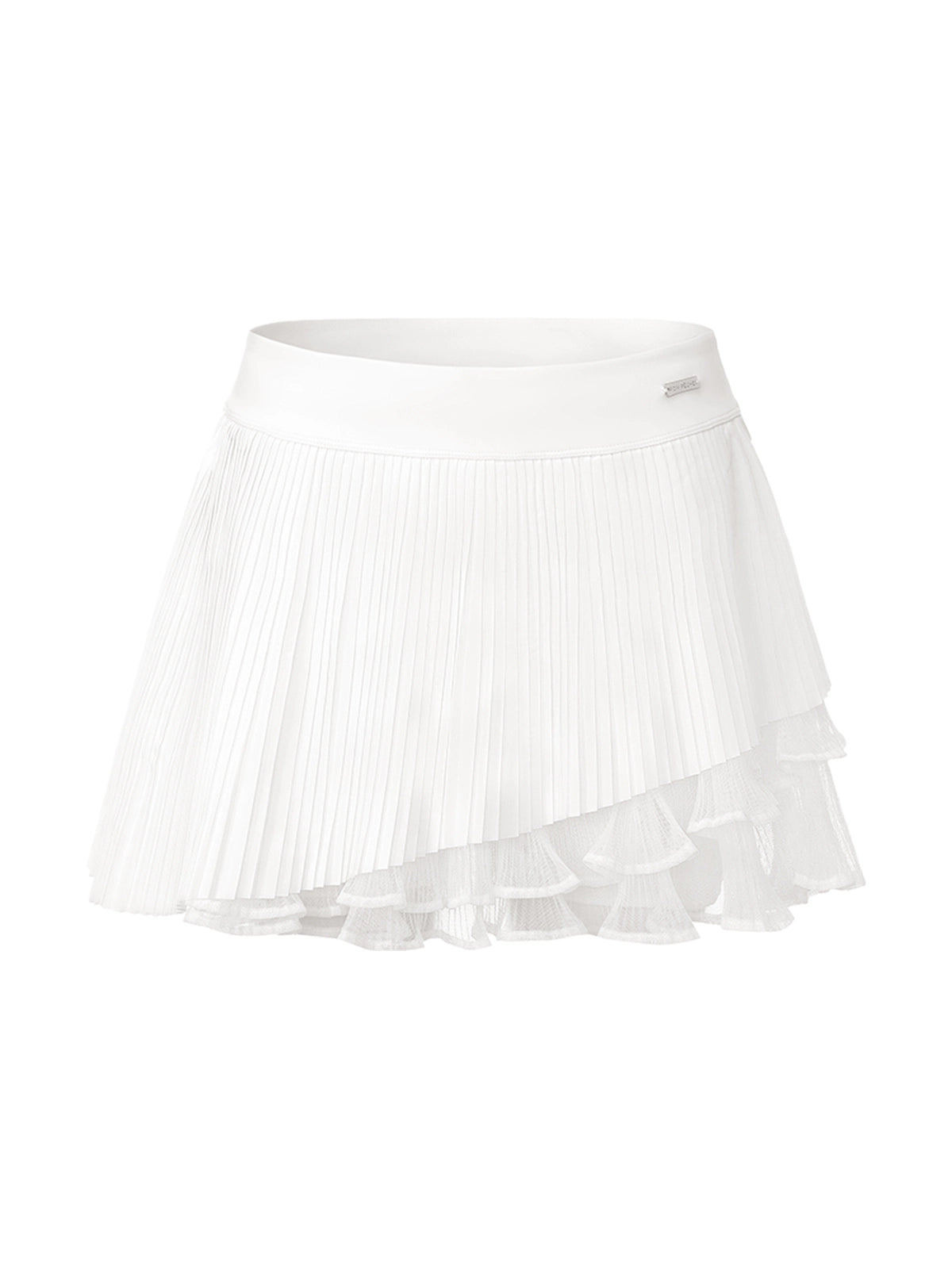 Flat lay of Pom Pêche Spin™ Waltz Layered Tennis Skirt in white – wide high waistband with Pom Pêche silver metal logo tag, three-layer asymmetric silhouette with fine pleated outer layer, sheer mesh mid-layer and scalloped ruffle hem on white background