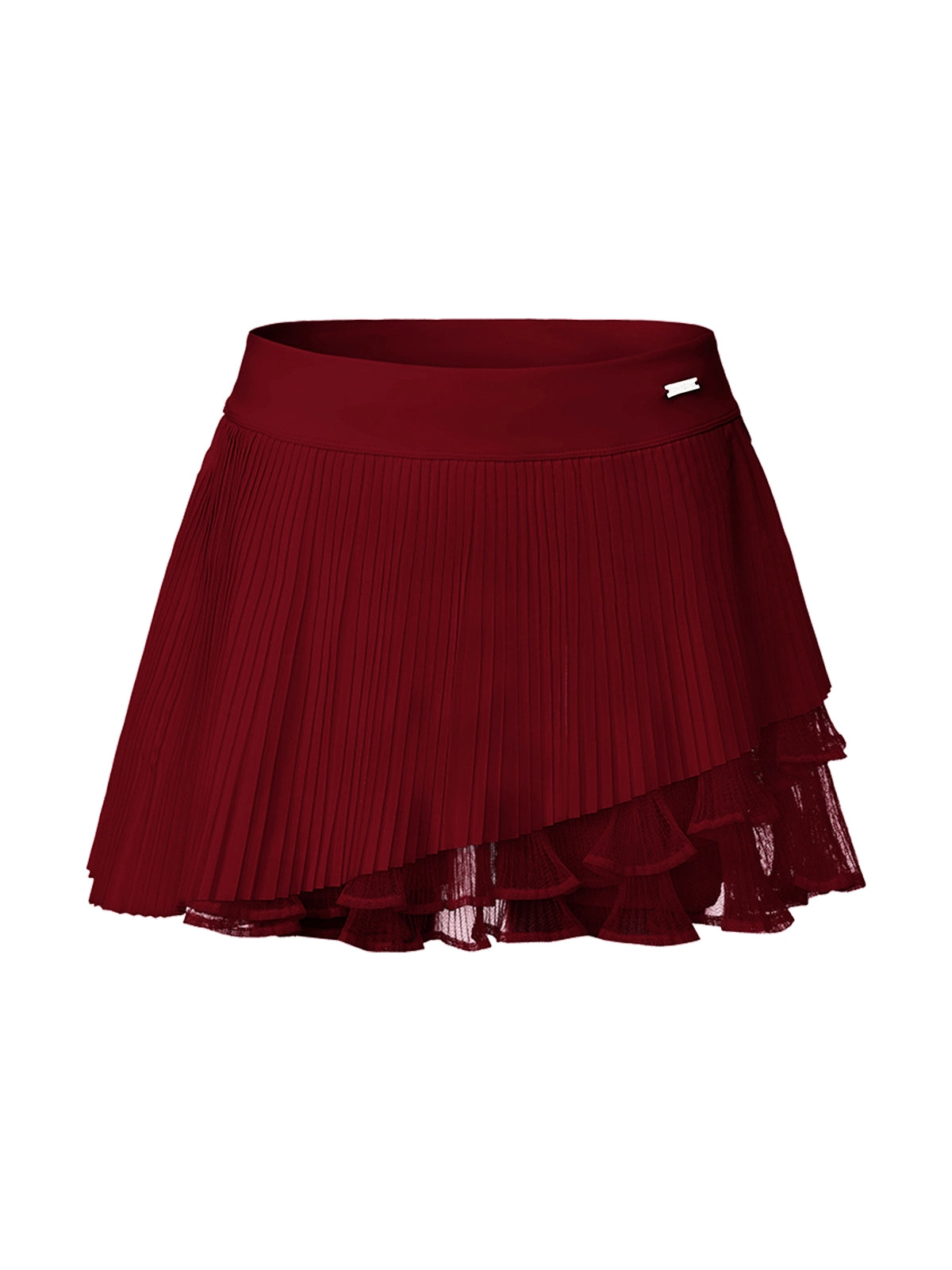 Flat lay of Pom Pêche Spin™ Waltz Layered Tennis Skirt in wine red – high-waisted band, multi-layer asymmetric pleated hem with mesh underlayer and Pom Pêche metal hardware