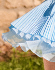 Macro detail of Pom Pêche sky blue Waltz Skirt showing fine pleated LYCRA® outer layer over double-tier white sheer mesh ruffle hem – lightweight anti-static 4-way stretch fabric