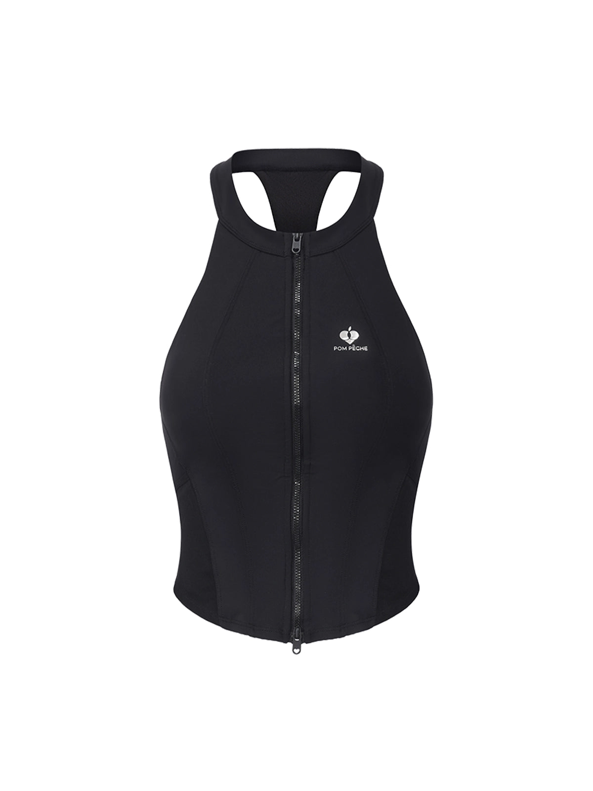 Flat lay of Pom Pêche Zip-Neck Halter Racerback Tank in black – high halter neckline, full-length front zip with guard, racerback cut and Pom Pêche logo on white background