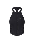 Flat lay of Pom Pêche Zip-Neck Halter Racerback Tank in black – high halter neckline, full-length front zip with guard, racerback cut and Pom Pêche logo on white background