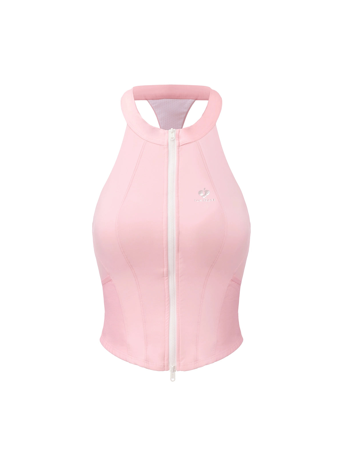 Flat lay of Pom Pêche Zip-Neck Halter Racerback Tank in blush pink – high halter neckline, full-length white front zip with protective guard, Pom Pêche blue floral emblem and open racerback silhouette on white background