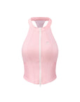 Flat lay of Pom Pêche Zip-Neck Halter Racerback Tank in blush pink – high halter neckline, full-length white front zip with protective guard, Pom Pêche blue floral emblem and open racerback silhouette on white background